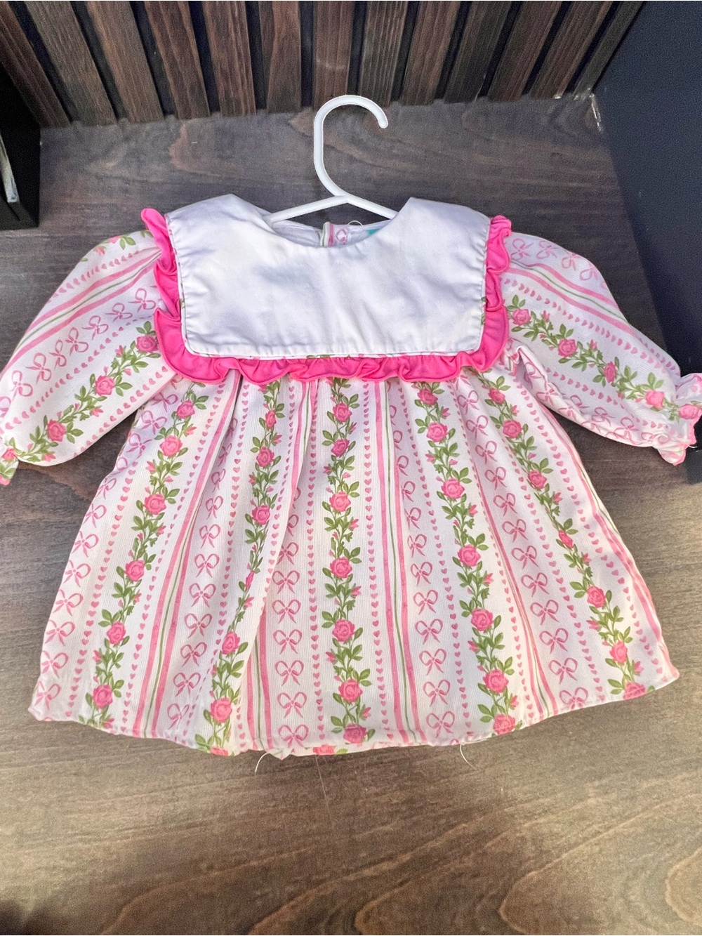 Pink Floral Stripe Long-Sleeve Kids Dress with Ruffle Yoke